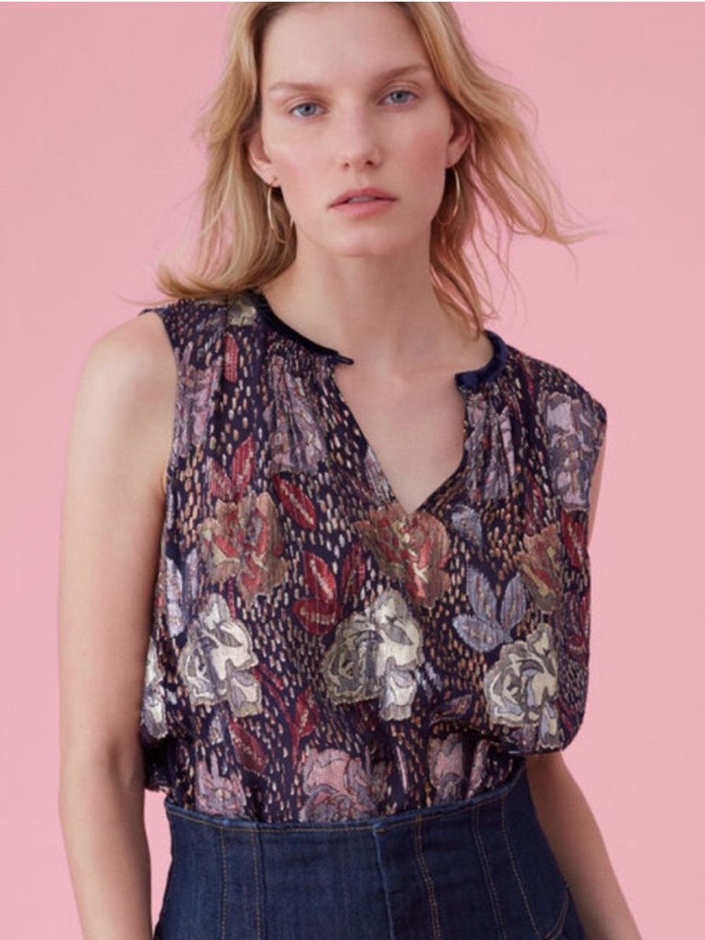 Rebecca Taylor floral silk metallic tank blouse velvet trim navy gold size 4
